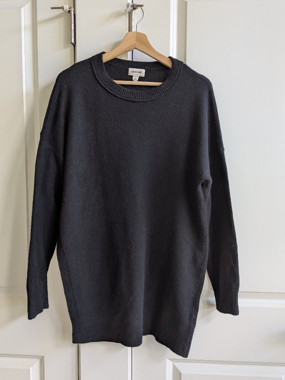 Open Edit Drop Shoulder Tunic Sweater Women S Black Relaxed Side Slit Pullover